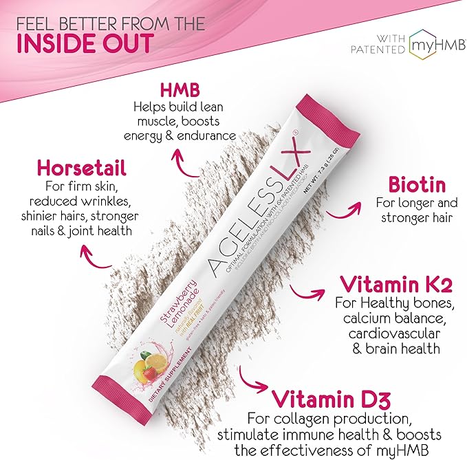 AgelessLX Powder Supplement for Women - with HMB Collagen Enhancer Plus Vitamin D3 with K2, Horsetail and Biotin for Lean Muscle and Stronger Hair and Nails - 30 Powder Packets Strawberry Lemonade