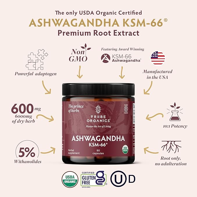 TRIBE ORGANICS Ashwagandha KSM 66 Pure Organic Root Powder Extract Ayurvedic Supplement - Focus Mood Support Increase Energy Strength 600mg of Natural KSM66 for Superior Absorption - 90 Capsules
