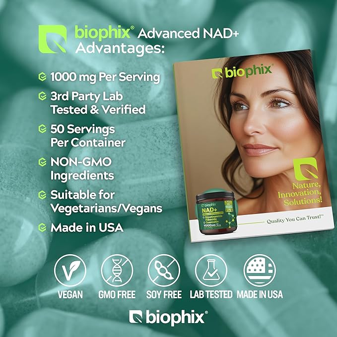 biophix NAD+ Liposomal Supplement for Women & Men - 1000 mg per Serving - Nicotinamide Riboside, Micronized Resveratrol & Quercetin Complex - 100 Veg Capsules - Non-GMO, Gluten-Free, cGMP Certified