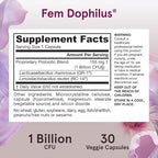 Jarrow Formulas Fem-Dophilus Vaginal Probiotics 1 Billion CFU with 2 Science-Backed Strains, Dietary Supplement for Vaginal & Urinary Tract Support, 30 Capsules, Up to a 30 Day Supply, Shelf-Stable