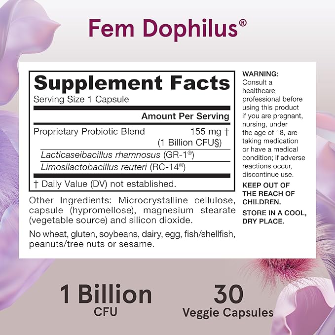 Jarrow Formulas Fem-Dophilus Vaginal Probiotics 1 Billion CFU with 2 Science-Backed Strains, Dietary Supplement for Vaginal & Urinary Tract Support, 30 Capsules, Up to a 30 Day Supply, Shelf-Stable