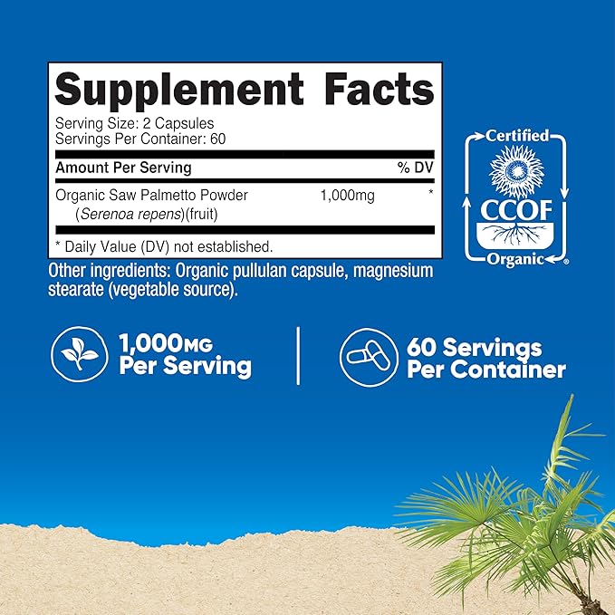 Nutricost Saw Palmetto 1000mg, 120 Capsules - CCOF Certified Made with Organic Saw Palmetto, Vegetarian Friendly, 60 Servings, 500mg Per Capsule, Gluten Free