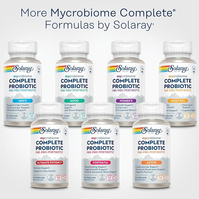 SOLARAY Mycrobiome Complete Probiotic Ultimate Potency - Pre and Probiotics for Women and Men Plus Postbiotic - 100 Billion CFU, 34 Strains - Vegan - 30 Servings, 60 VegCaps