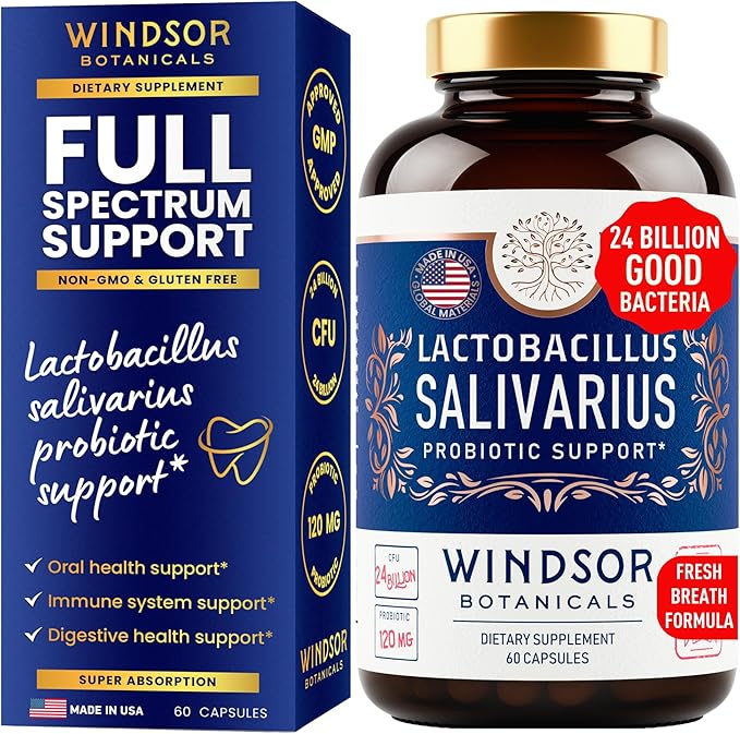 Lactobacillus Salivarius Probiotic - 24bn CFU L Salivarius Dental Probiotics for Teeth and Gums - Bad Breath Treatment for Adults, Immune Support, Digestive Health - 60 Oral Probiotic Capsules