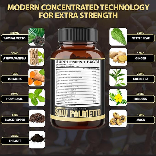 11in1 Saw Palmetto Capsules with Ashwagandha, Turmeric, Tribulus, Maca, Green Tea, Ginger, Holy Basil & More - Healthy Prostate & Hair Support - 180 Count 6-Month Supply