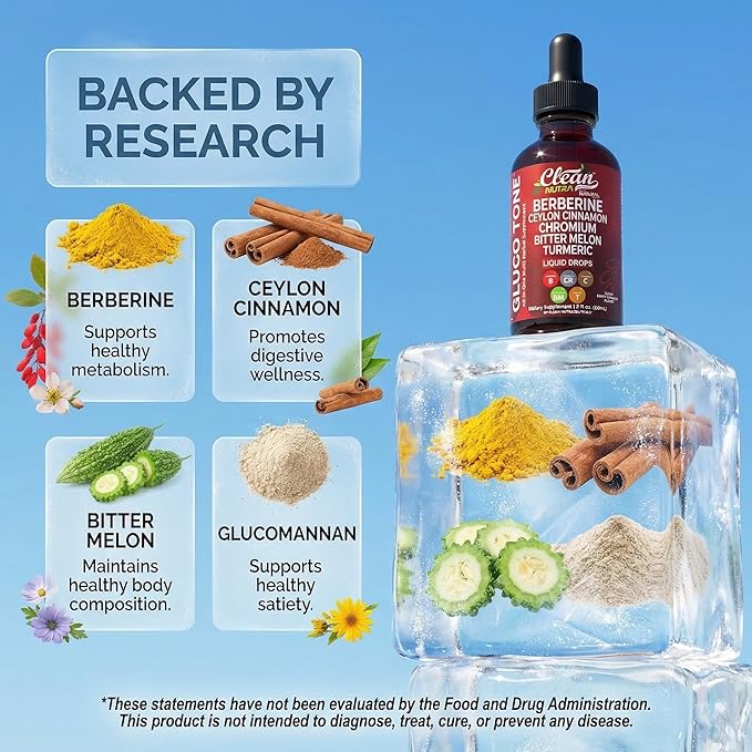 Clean Nutra Berberine with Ceylon Cinnamon Supplement Liquid Drops + Bitter Melon Extract, Glucomannan, Gymnema, Chromium, Turmeric, Organic Panax Ginseng, Moringa GLP-1 Support