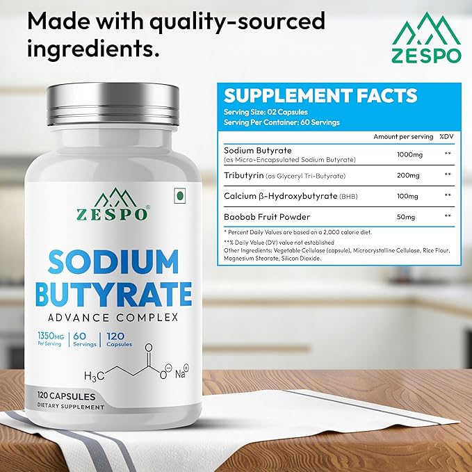 Zespo Sodium Butyrate 1000 mg (1350 mg Advanced Complex) – Micro-Encapsulated Butyrate with Tributyrin, Calcium BHB & Baobab 120 Vegan Capsules (60 Servings)
