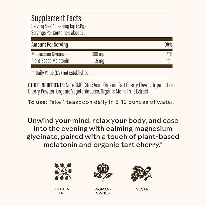 Wooden Spoon Herbs Magic Magnesium Glycinate Powder Drink Mix (Tart Cherry) | 300mg Magnesium, 0.5mg Plant-Based Melatonin | Calming Nighttime Supplement | Easy Mix Sleep Support Powder, Vegan | 3.7oz