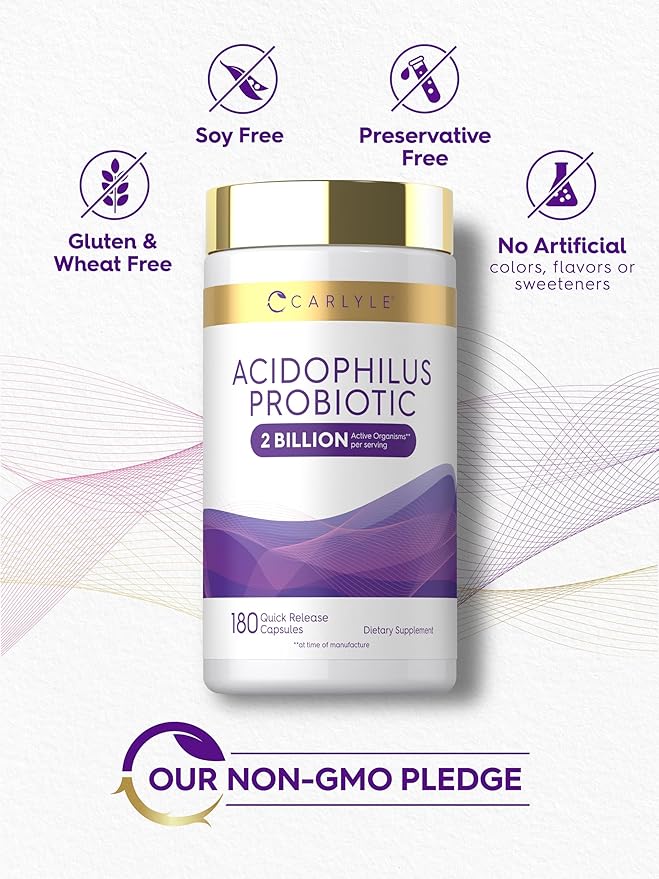 Carlyle Acidophilus Probiotic for Women & Men's Digestive Health | 2 Billion CFU | 180 Quick Release Capsules | Non-GMO & Gluten Free