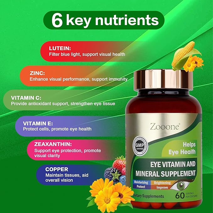 zooone- 60pcs Lutein Eye Vitamins Supplement Nutritional Supplement for Macular Health & Dry Eye Support, Contains Lutein, Zinc, Vitamins C/E & Zeaxanthin