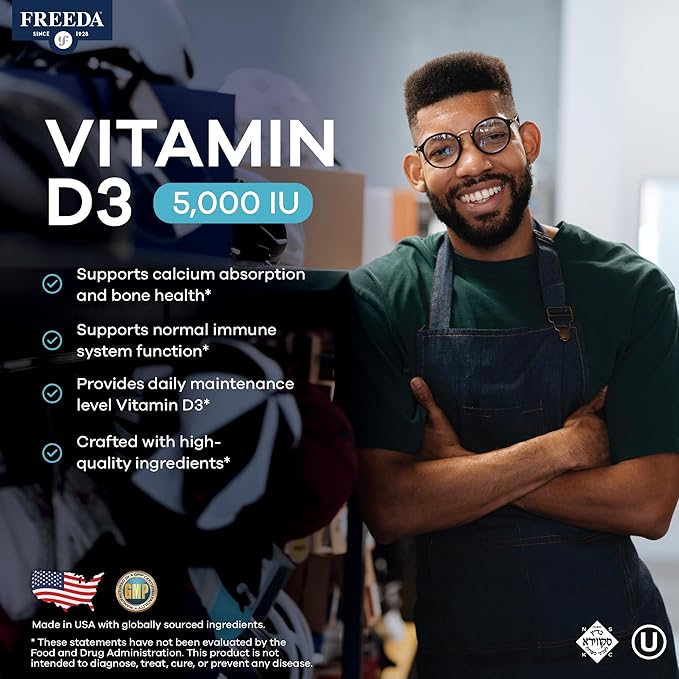 FREEDA Vitamin D3-5000 IU - Pure High Potency Kosher Supplement Tablets - Bone and Muscle Health, Calcium Absorption, Immune Support for Men and Women* - 250 Count