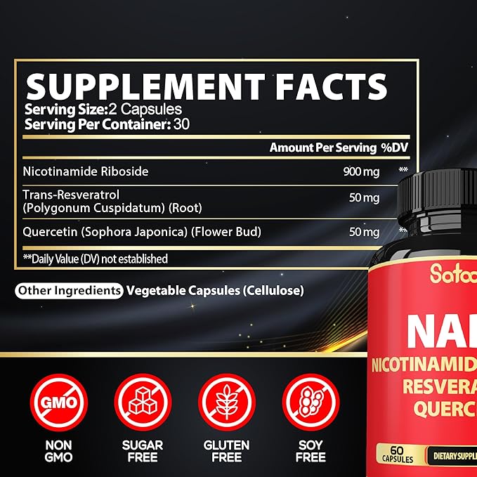 Satoomi NAD Supplement with Nicotinamide Riboside NR, Resveratrol, Quercetin - 60 Count - 30 Days