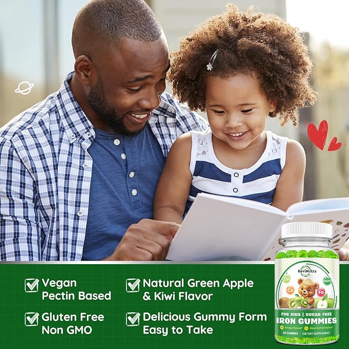 Iron Supplement Gummies for Kids - with Calcium, Zinc, Kids Multivitamin with Iron Gummies - Immune Support, Blood Builder & Energy Support for Iron Deficiency, Anemia, Apple & Kiwi Flavor, 60 Count