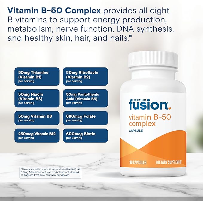 Bariatric Fusion Vitamin B-50 Complex | Vegan B Complex Vitamins for Women and Men | Easy to Swallow Vitamin B Complex Capsule | 8 B Vitamins Including Vitamin B12 | 90 Count | 3 Month Supply