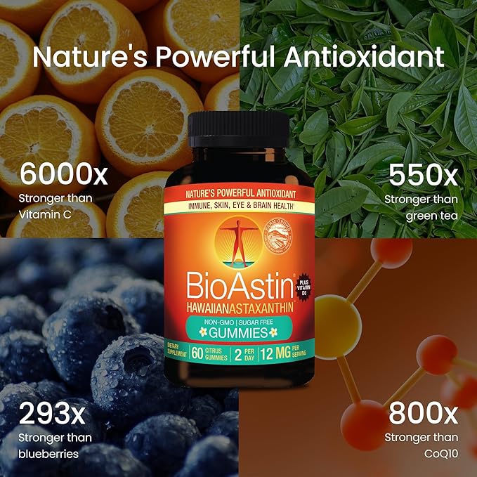 Nutrex Hawaii BioAstin Hawaiian Astaxanthin - 12mg, 60 Gummies - Farm-Direct Premium Antioxidant Supplement to Support Eye, Skin, Joint & Immune System Health - Non-GMO & Gluten-Free