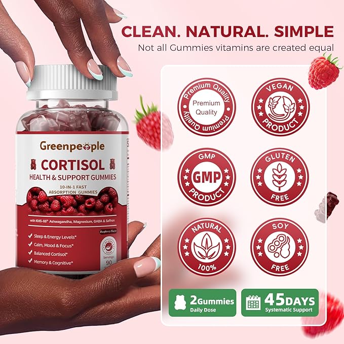 GREENPEOPLE Cortisol Supplements for Women & Men - Cortisol Reducer Detox Manager w/KSM-66 Ashwagandha/Magnesium/L-theanine/GABA/Vitamin B6 for Mood/Sleep/Stress Relief 90 CT Raspberry Flavor Gummies