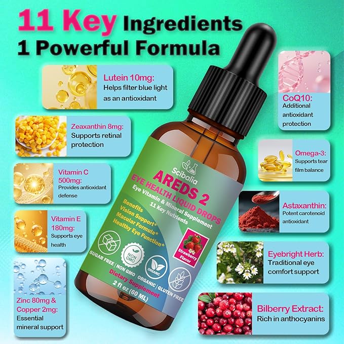 AREDS 2 Formula Liquid Drops, Advance 11-in-1 Eye Vitamins Lutein and Zeaxanthin Supplements w. Bilberry Eyebright Omega-3 for Vision Retina Macular Health, Areds Plus Multivitamin for Adult & Senior