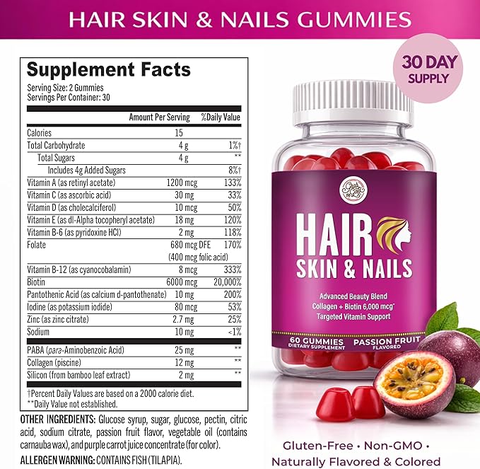 Grab The Gold Hair Skin & Nails Vitamins for Women | Gummies with 6000mcg Biotin & Collagen | 10 Essential Vitamin & Minerals | Gluten-Free, Non-GMO, Passion Fruit Flavor | 1 Month Supply, Made in USA