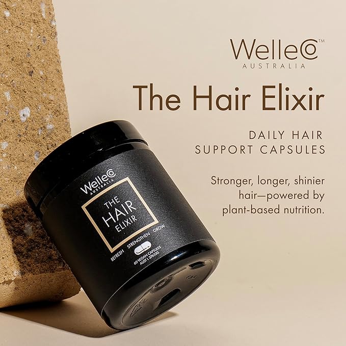 WelleCo The Hair Elixir Vegan Hair Care Supplement with Biotin, Iron, Zinc & Rhodiola, Promotes Hair Growth & Thickness and Helps Reduce Breakage, Gluten Free Hair Skin and Nails Vitamins, 60 Capsules
