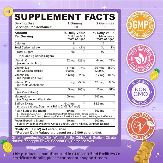 Saffron Gummies for Kids & Adults, 20-in-1 Saffron Supplements with 88.5mg Saffron Extract, B6, B12, C, D3, Magnesium for Calm, Focus, Nerve, Sugar Free, Vegan, Non-GMO - Pineapple Flavor, 60 Counts