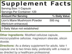 Bronson Lion's Mane Mushroom 500mg Hericium Erinaceus Non-GMO, 120 Vegetarian Capsules