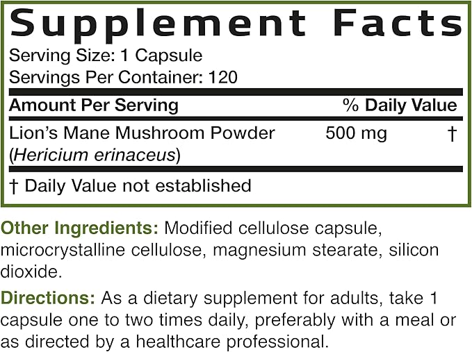 Bronson Lion's Mane Mushroom 500mg Hericium Erinaceus Non-GMO, 120 Vegetarian Capsules