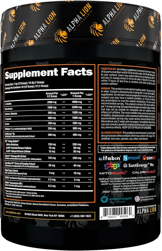 ALPHA LION Superhuman Burn, 2 in 1 Metabolism Booster Pre Workout and Men's Thermogenic Fat Burner, Sour Gummy Bear (Hulk Juice), Package Varies