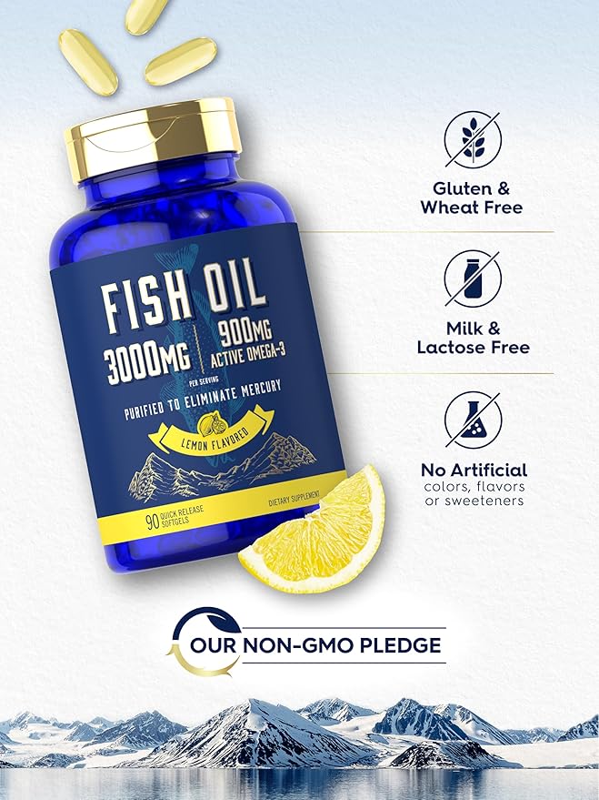 Carlyle Fish Oil 3000mg | 900mg Omega 3 | 90 Softgels | Lemon Flavor | Non-GMO and Gluten Free Supplement
