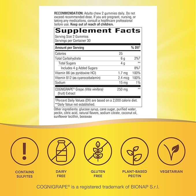Nature’s Way Brain Fuel, Supports Memory and Concentration*, Brain Function Support Supplement*, Clinically Studied Cognigrape®, Grape Flavored, 60 Gummies