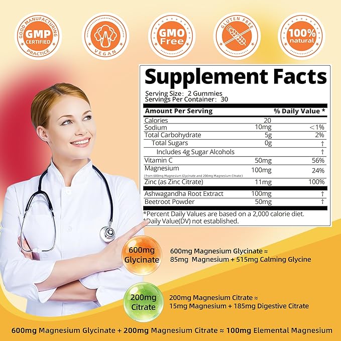 90 Count Magnesium Glycinate Gummies w/Ashwagandha Supplement - Sugar Free Zinc Magnesium Glycinate Supplement Ashwagandha Gummies for Adults Pineapple Flavor