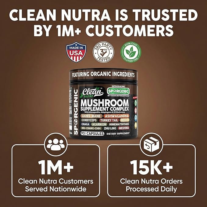 Organic Mushroom Supplement | Ashwagandha Lions Mane Cordyceps Turkey Tail Reishi Mushrooms Maca Root Black Hoof Chaga Tremella Agarikon Shiitake Oyster Powder Capsules Sporgenic By Clean Nutra (1)