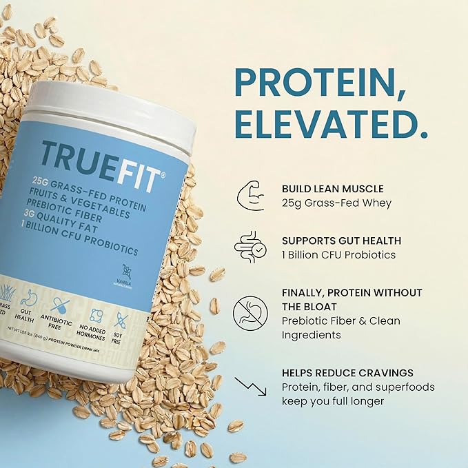 TrueFit High Fiber Protein Powder, Grass-Fed Whey Meal Replacement Shake with Prebiotics, Probiotics, & Organic Superfoods, Keto Friendly, Gluten Free