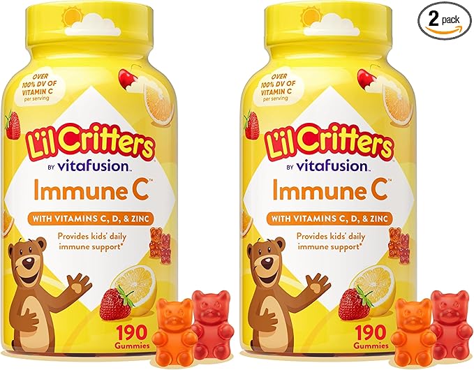 L’il Critters Immune C Daily Gummy Supplement Vitamin for Kids, Vitamin C, D and Zinc for Immune Support, Orange, Lemon, Strawberry and Cherry Flavors, 190 Gummies (Packaging May Vary) (Pack of 2)