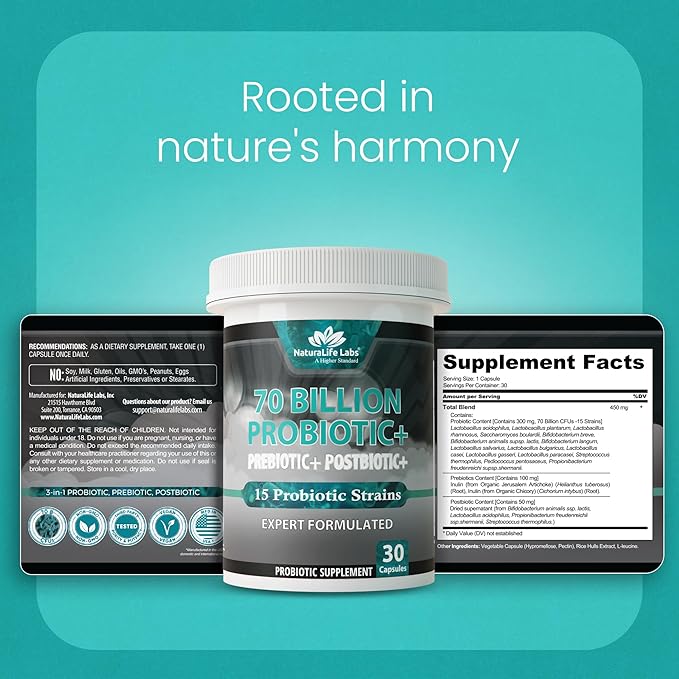 NaturaLife Labs Probiotics 70 Billion CFU – 15 Strains with Organic Prebiotic & Postbiotic – 3-in-1 Formula – 30 Vegan Capsules