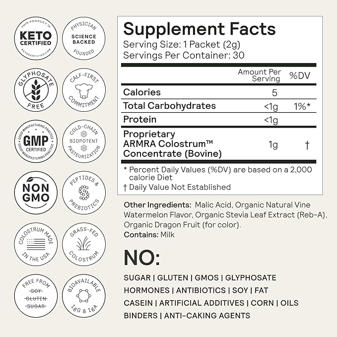 ARMRA Colostrum Powder | Vine Watermelon | Gut Health & Bloating | Skin & Hair | Immunity | Keto, Gluten & Fat-Free | 60 Servings