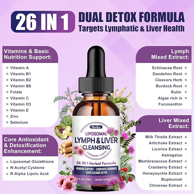 Liposomal Lymphatic Drainage Drops, 26 in 1 Liver Cleanse Detox & Repair with Milk Thistle, Echinacea, Glutathione, Vitamins, Lymph-Liver Cleanse, Gut & Metabolic Health - Strawberry Flavor, 2 Fl Oz