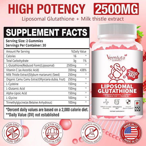2 Packs 2500MG Liposomal Glutathione Gummies, 2X Absorption Liposomal Glutathione for Women-Complex L-Cysteine, Antioxidant, Skin & Liver Support, Strawberry Flavor, 120 Count