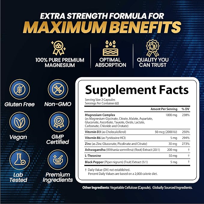 1000mg Magnesium Complex for Women and Men, 12 in 1 Magnesium Supplement with Ashwagandha, Zinc, D3, L-theanine. Easy to Swallow, High Absorption, Sleep Support & Stress Relief (120 Capsules)
