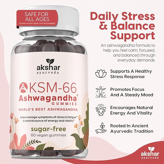 AKSHAR Ayurveda Ashwagandha KSM-66 Gummies, Organic Ashwagandha Supplements for Focus, Increase Energy & Strength, Chicory Root Fiber & Natural Cherry Flavor (60 Count (Pack of 2))