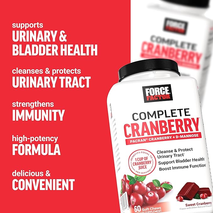 Force Factor Cranberry Soft Chews, Cranberry Supplement with D Mannose and Cranberry Extract to Support Bladder and Urinary Tract Health for Women, Vegan, Sweet Cranberry Flavor, 60 Soft Chews