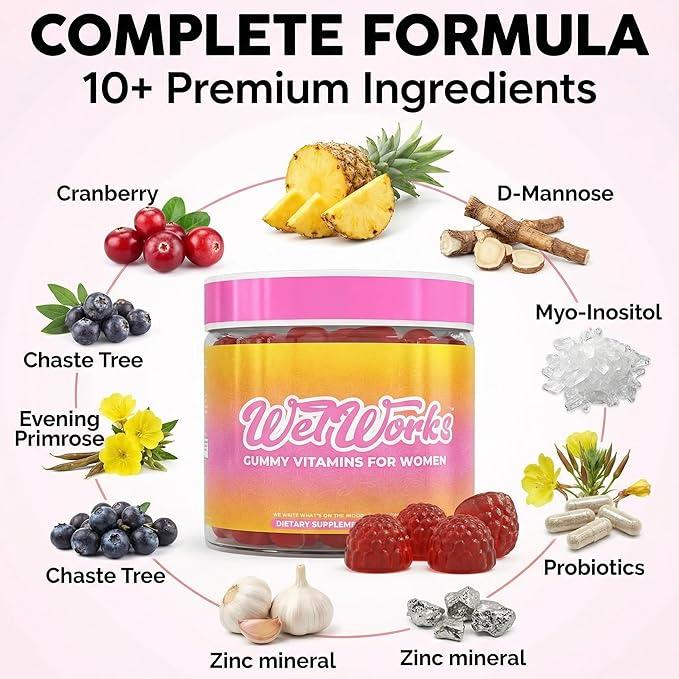 Wet Works Women's Vaginal Probiotic Gummies Pineapple Cranberry Folic Acid D-Mannose Vitamin C Chicory Myo Inositol Garlic Black Cohosh Zinc Iron Evening Primrose Chastetree 60 Count by Clean Nutra