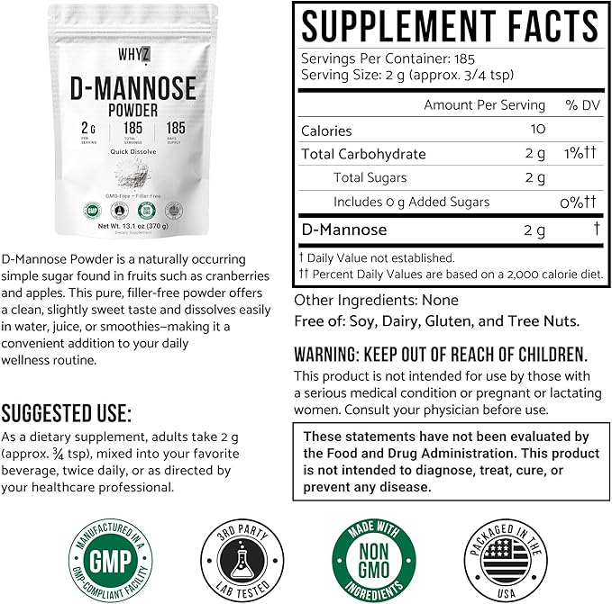 D-Mannose Powder Quick Dissolve Pure Premium Mannose Supplement Essential Powder for Supports Urinary Tract and Bladder Quick Water Soluble Formula for Drinks and Smoothies Vegan Zero-Additives, 370g