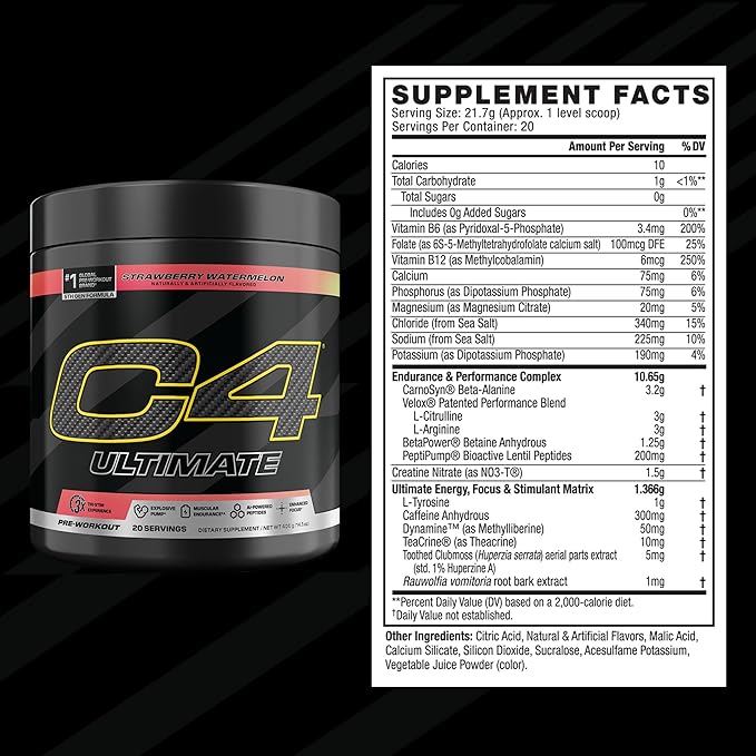 C4 Ultimate Pre Workout Powder Watermelon - Sugar Free Preworkout Energy Supplement for Men & Women - 300mg Caffeine + 3.2g Beta Alanine + 2 Patented Creatines - 20 Servings