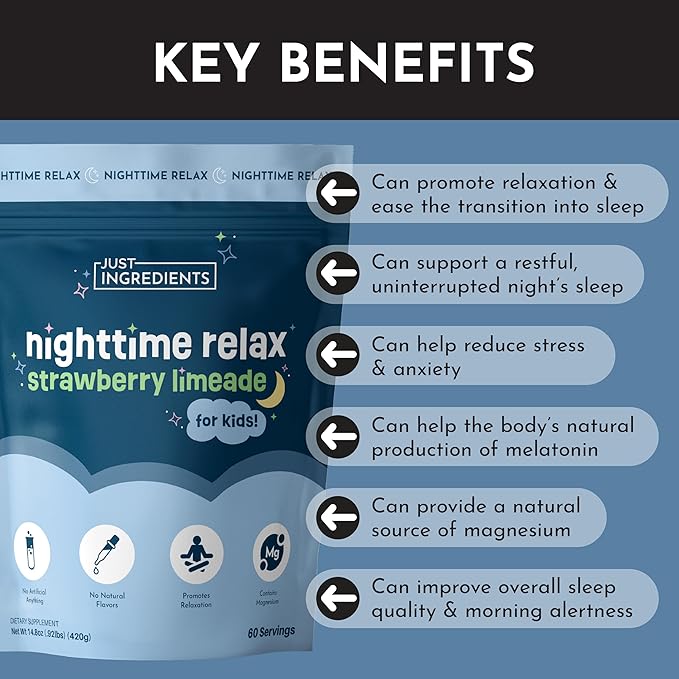 JUST INGREDIENTS Kids Nighttime Relax Drink Mix – Strawberry Limeade Flavor – 60 Servings | Magnesium, Tart Cherry & L-Theanine | Supports Evening Calm, Relaxation & Restful Sleep*
