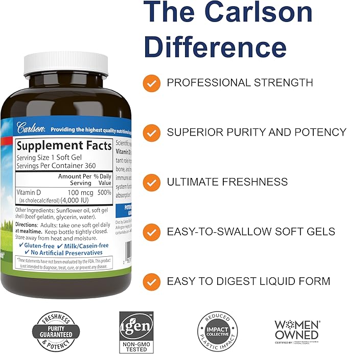 Carlson - Vitamin D3, 4000 IU (100 mcg), Bone & Immune Health, Cholecalciferol Supplement, Gluten Free Vitamin D Capsules, 360 Softgels