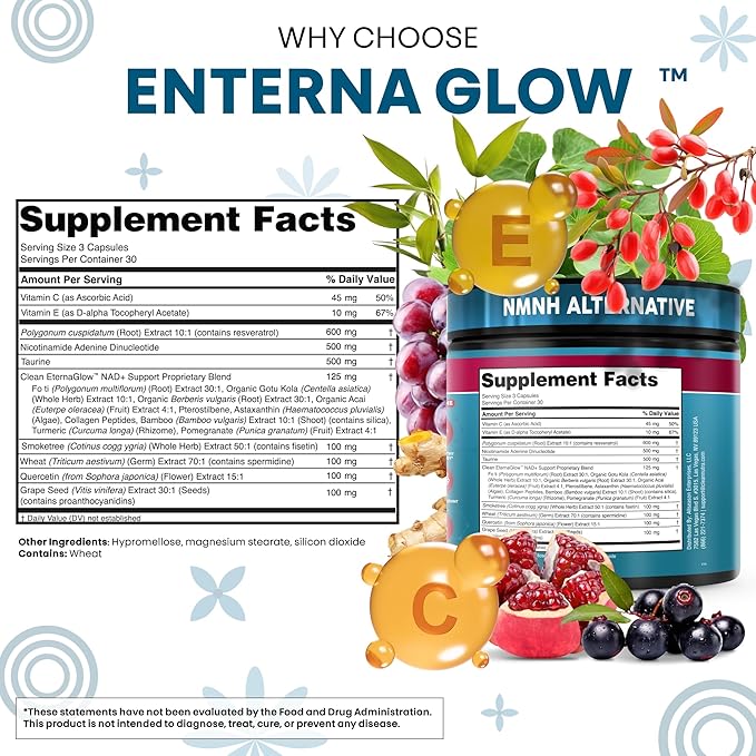NAD Resveratrol Supplement Spermidine Fisetin Quercetin Grape Seed Gotu Kola Berberine Astaxanthin Taurine Pomegranate Acai Anti Aging Longevity Capsules for Women Men EternaGlow by Clean Nutra 90ct