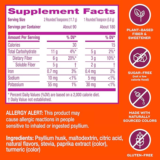 Metamucil Premium Blend, 4-in-1 Fiber Supplement for Digestive Health, Psyllium Husk Fiber Powder, Sugar-Free with Stevia, Plant-Based Fiber Supplement, Orange Flavored, 180 teaspoons