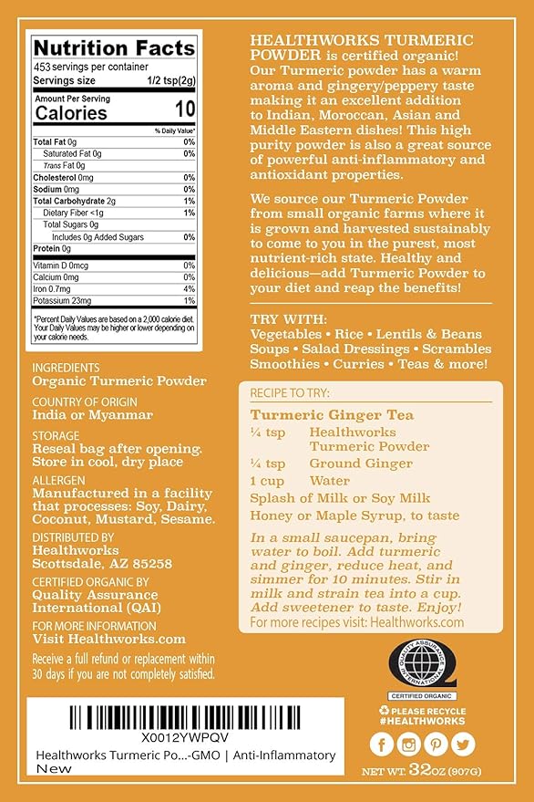 Healthworks Superfoods Turmeric Powder Organic - 2 Packs 16 Oz - Ground Raw Organic, Curcumin, Keto, Paleo, Vegan and Non-GMO