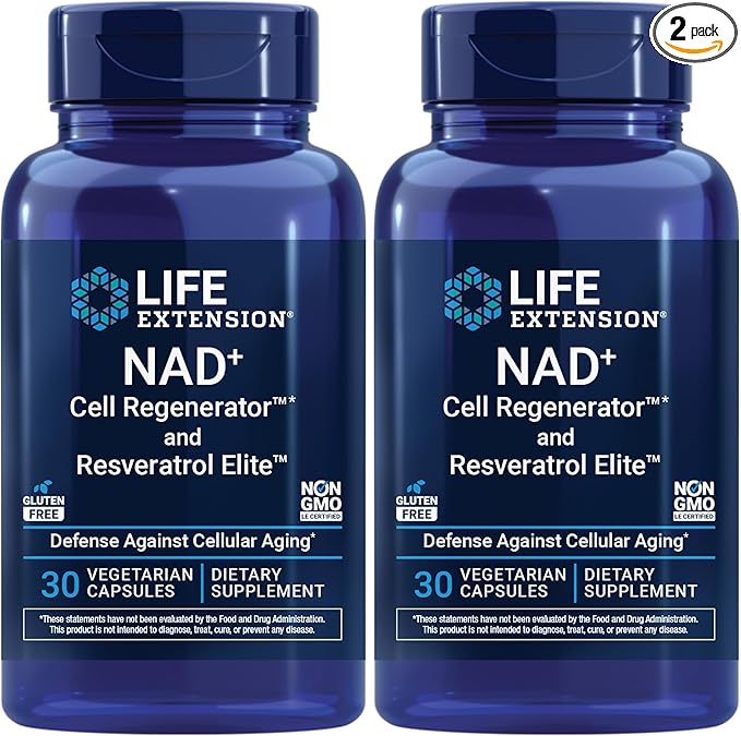 Life Extension NAD+ Cell Regenerator™ & Resveratrol Elite™*,nicotinamide riboside,Trans-resveratrol,quercetin,Fisetin,Heart Health,Healthy Aging,Vegetarian,Non-GMO,Gluten Free, 30 Capsules (Pack of 2)