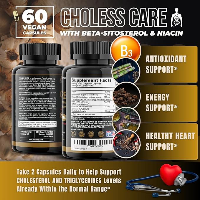 Cholesterol Supplement - Triglycerides Support Capsules w. Organic, Odorless Garlic, Cayenne Pepper, Plant Sterols to Support Normal HDL and LDL Cholesterol Levels w. Antioxidant Niacin (Vitamin B3)